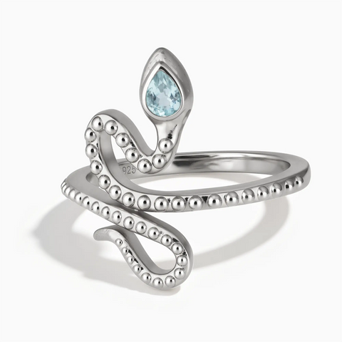 925 Sterling Silver Pear Aquamarine Serpent Ring - Mystic Coil Front View