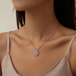 925 Sterling Silver Pear Aquamarine Swirl Necklace - Eternal Flowline Worn View