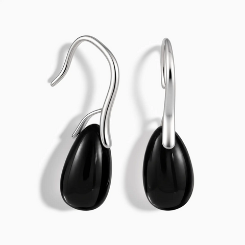 925 Sterling Silver Pear Black Onyx Dangle Earrings - Dew Arc Front View
