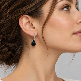 925 Sterling Silver Pear Black Onyx Dangle Earrings Dew Arc Model Shot Close Up