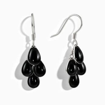 925 Sterling Silver Pear Black Onyx Dangle Earrings - Petal Rain Front View