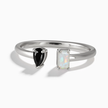 925 Sterling Silver Pear Black Onyx Emerald Cut Opal Toi et Moi Open Ring - Two Souls Front View