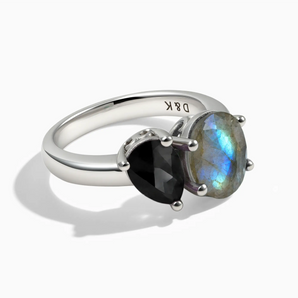 925 Sterling Silver Pear Black Onyx & Oval Labradorite Toi et Moi Ring - Twin Reverie Front View