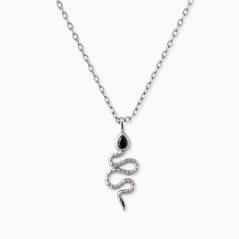 925 Sterling Silver Pear Black Onyx Serpent Pendant Necklace Meander Front View