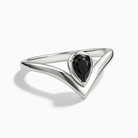 925 Sterling Silver Pear Black Onyx V Band Ring - Chevron Front View