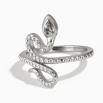925 Sterling Silver Pear Black Rutilated Quartz Serpent Ring - Mystic Coil Front View
