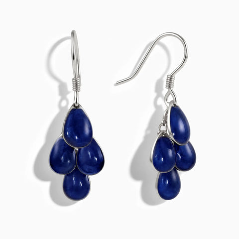 925 Sterling Silver Pear Blue Sapphire Dangle Earrings - Petal Rain Front View