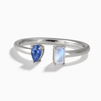 925 Sterling Silver Pear Blue Sapphire Emerald Cut Moonstone Toi et Moi Open Ring - Two Souls Front View