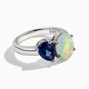 925 Sterling Silver Pear Blue Sapphire & Oval Opal Toi et Moi Ring - Twin Reverie Front View