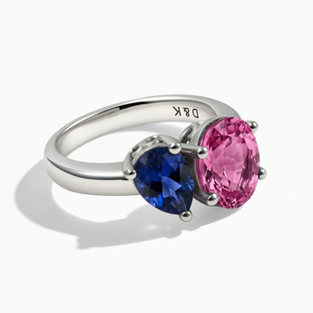 925 Sterling Silver Pear Blue Sapphire & Oval Pink Tourmaline Toi et Moi Ring - Twin Reverie Front View