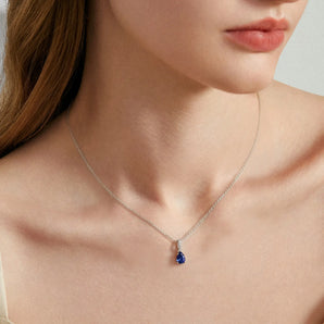 925 Sterling Silver Pear Blue Sapphire Pendant Necklace - Ocean Tear Worn View