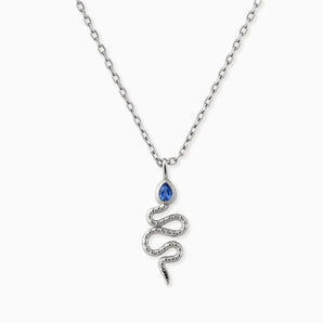925 Sterling Silver Pear Blue Sapphire Serpent Pendant Necklace Meander Front View