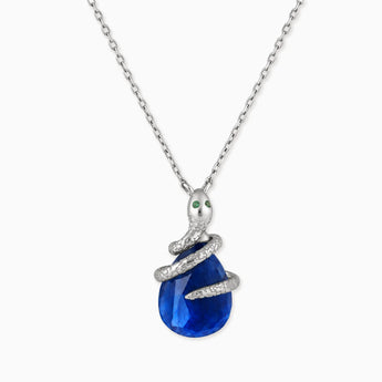 925 Sterling Silver Pear Blue Sapphire Serpent Wrap Necklace Wild Oath Front View