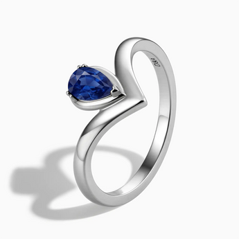 925 Sterling Silver Pear Blue Sapphire V Band Ring - Chevron Side View