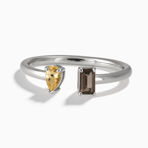 925 Sterling Silver Pear Citrine Emerald Cut Smoky Quartz Toi et Moi Open Ring - Two Souls Front View