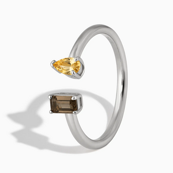925 Sterling Silver Pear Citrine Emerald Cut Smoky Quartz Toi et Moi Open Ring - Two Souls Side View