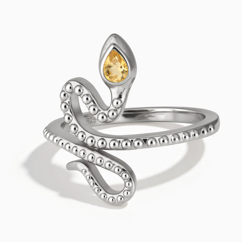 925 Sterling Silver Pear Citrine Serpent Ring - Mystic Coil Front View