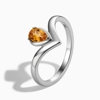 925 Sterling Silver Pear Citrine V Band Ring - Chevron Side View