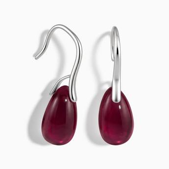 925 Sterling Silver Pear Garnet Dangle Earrings - Dew Arc Front View