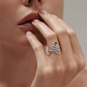 925 Sterling Silver Pear Garnet Serpent Ring - Mystic Coil Worn View