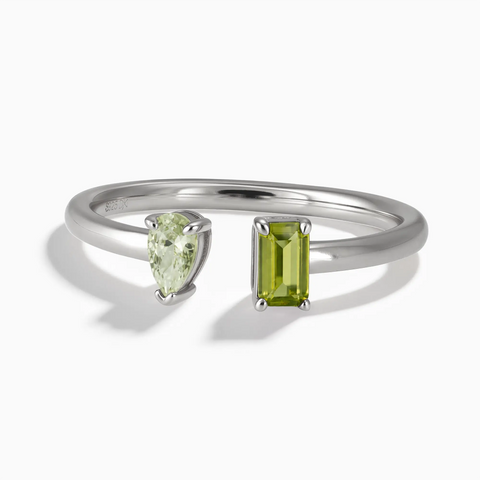925 Sterling Silver Pear Green Amethyst Emerald Cut Peridot Toi et Moi Open Ring - Two Souls Front View