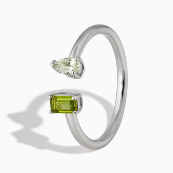 925 Sterling Silver Pear Green Amethyst Emerald Cut Peridot Toi et Moi Open Ring - Two Souls Side View
