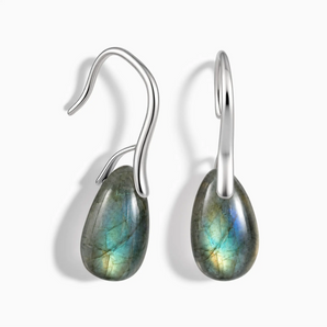 925 Sterling Silver Pear Labradorite Dangle Earrings - Dew Arc Front View