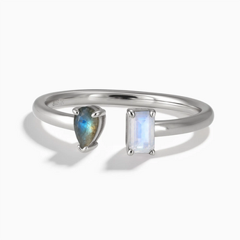 925 Sterling Silver Pear Labradorite Emerald Cut Moonstone Toi et Moi Open Ring - Two Souls Front View