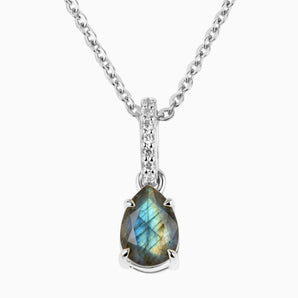925 Sterling Silver Pear Labradorite Pendant Necklace - Ocean Tear Front View