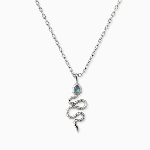 925 Sterling Silver Pear Labradorite Serpent Pendant Necklace Meander Front View