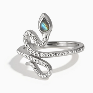 925 Sterling Silver Pear Labradorite Serpent Ring - Mystic Coil Front View