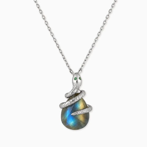 925 Sterling Silver Pear Labradorite Serpent Wrap Necklace Wild Oath Front View