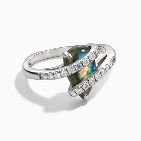 925 Sterling Silver Pear Labradorite Wrap Ring - Orbit Front View