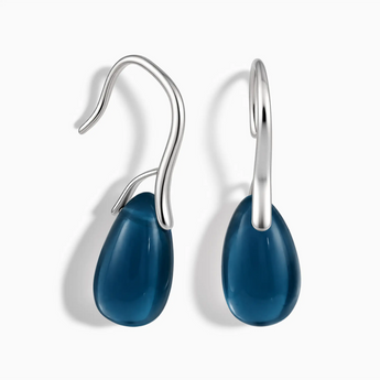 925 Sterling Silver Pear London Blue Topaz Dangle Earrings - Dew Arc Front View