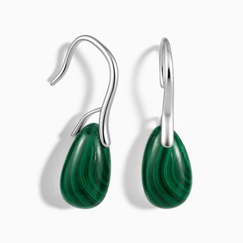 925 Sterling Silver Pear Malachite Dangle Earrings - Dew Arc Front View