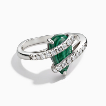 925 Sterling Silver Pear Malachite Wrap Ring - Orbit Front View