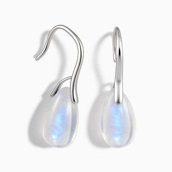 925 Sterling Silver Pear Moonstone Dangle Earrings - Dew Arc Front View