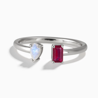 925 Sterling Silver Pear Moonstone Emerald Cut Ruby Toi et Moi Open Ring - Two Souls Front View