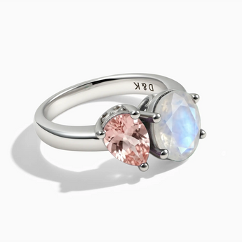925 Sterling Silver Pear Morganite & Oval Moonstone Toi et Moi Ring - Twin Reverie Front View