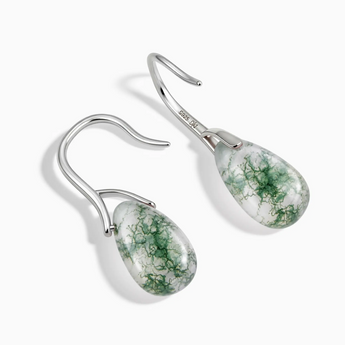 925 Sterling Silver Pear Moss Agate Dangle Earrings - Dew Arc Side View