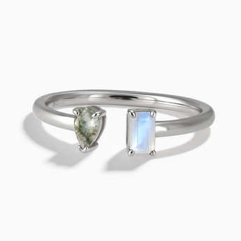 925 Sterling Silver Pear Moss Agate Emerald Cut Moonstone Toi et Moi Open Ring - Two Souls Front View
