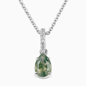 925 Sterling Silver Pear Moss Agate Pendant Necklace - Ocean Tear Front View