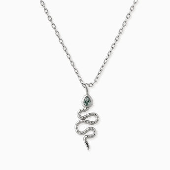 925 Sterling Silver Pear Moss Agate Serpent Pendant Necklace Meander Front View