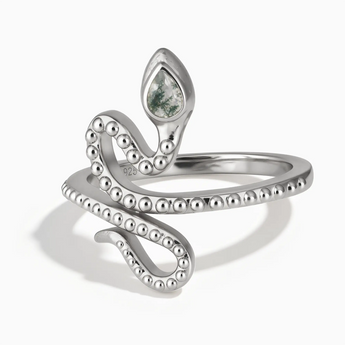 925 Sterling Silver Pear Moss Agate Serpent Ring - Mystic Coil Front View