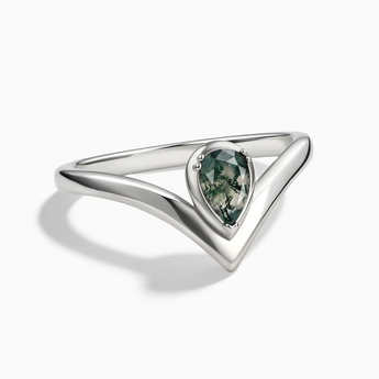 925 Sterling Silver Pear Moss Agate V Band Ring - Chevron Front View