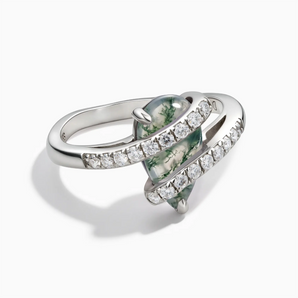 925 Sterling Silver Pear Moss Agate Wrap Ring - Orbit Front View