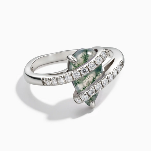 925 Sterling Silver Pear Moss Agate Wrap Ring - Orbit Front View