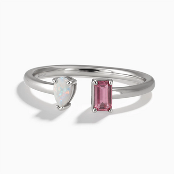 925 Sterling Silver Pear Opal Emerald Cut Pink Tourmaline Toi et Moi Open Ring - Two Souls Front View