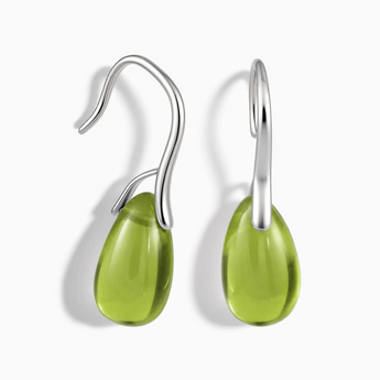 925 Sterling Silver Pear Peridot Dangle Earrings - Dew Arc Front View