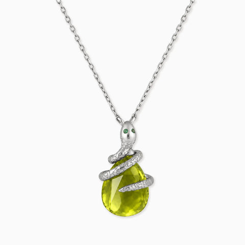 925 Sterling Silver Pear Peridot Serpent Wrap Necklace Wild Oath Front View